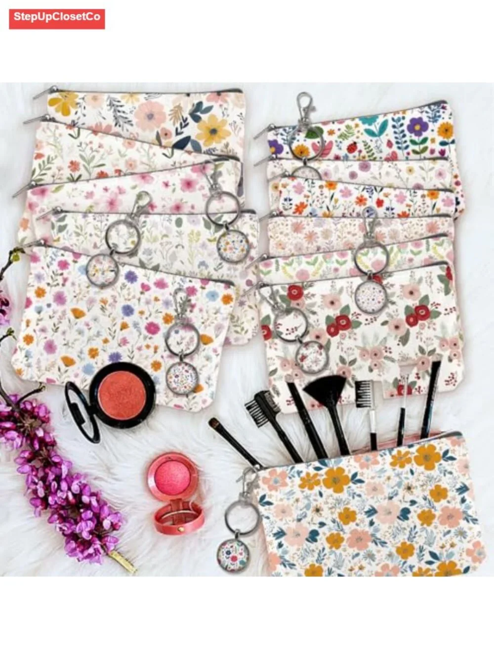 Bulk 12 Canvas Cosmetic Bags with 12 Keychains Wildflower Toiletry Organizer